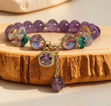 Bracciale con perline di cristallo viola e pietra naturale