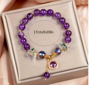 Bracciale con perline di cristallo viola e pietra naturale